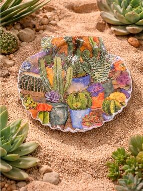 Decorative Succulent & Cactus Shell Plate Jewelry Holder- Colorful Floral Art